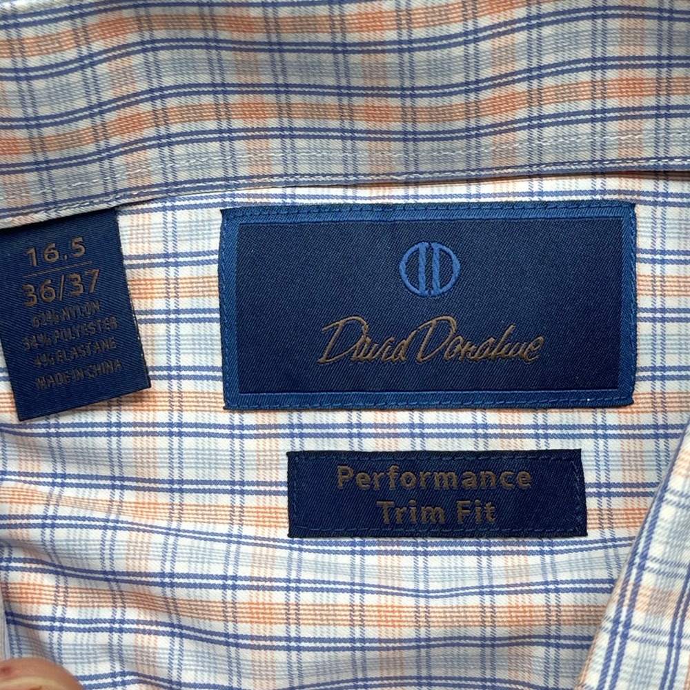 David Donahue Performance Trim Fit Dress Shirt Mens 16.5 36/37 Blue Orange Plaid - Picture 6 of 10